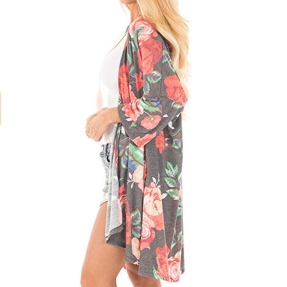 ONE LEFT Sz SMALL! Grey Rose Jersey Duster Kimono - Picture 3 of 5